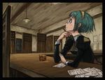  border brown_eyes ceiling chin_rest code-aa commentary_request drink glass glasses green_hair hairband highres ice idolmaster idolmaster_(classic) looking_away looking_up otonashi_kotori paper patch pen short_hair sitting solo 