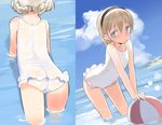  arm_support ass ball beachball bent_over blonde_hair blue_eyes blush casual_one-piece_swimsuit cloud day dutch_angle hairband multiple_views noble_witches one-piece_swimsuit outdoors rosalie_de_hemricourt_de_grunne shimada_fumikane short_hair sky smile swimsuit turnaround wading water wet white_swimsuit world_witches_series younger 