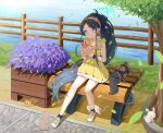  1girl :t absurdres animal aqua_eyes aris_(blue_archive) bag bench black_hair black_socks black_wrist_cuffs blue_archive blush bow breasts bright_pupils cat collarbone commentary crepe dress eating falling_leaves fence flower food food-themed_hair_ornament food_on_face forehead full_body hair_flower hair_ornament hairband hairclip highres holding holding_crepe holding_food holding_ice_cream ice_cream ice_cream_crepe karen_neco leaf long_hair long_sidelocks making-of_available official_alternate_hairstyle on_bench orange_hairband outdoors park_bench parted_bangs pineapple_hair_ornament ponytail rabbit ringed_eyes shade shoes sidelocks sitting sleeveless sleeveless_dress small_breasts smile socks solo split_mouth tree tree_shade unworn_bag very_long_hair wooden_fence wrist_cuffs yellow_bow yellow_dress yellow_shoes 