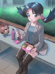  1girl :d absurdres bench bento bird black_hair boots bottle braindead_(html6) chopsticks coat commentary_request earrings flipped_hair grass grey_eyes happy highres holding holding_bento holding_chopsticks jewelry kris_(pokemon) long_hair long_sleeves open_clothes open_coat open_mouth outdoors pidgey pokemon pokemon_(creature) pokemon_adventures rice shirt shorts sitting smile star_(symbol) star_earrings thigh_boots twintails 