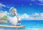  1girl aircraft airplane biplane bird blonde_hair blue blue_eyes child cloud day dress long_hair looking_away ocean original outdoors parasol pier seaplane sky tori_(qqqt) umbrella water 