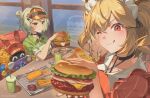  1other 2girls absurdres anby_demara anby_demara_(operation_yum_2025) apron bangboo_(zenless_zone_zero) bbang_uk_00000 blonde_hair burger burger_hair_ornament burnice_white burnice_white_(operation_yum_2025) closed_mouth crispyboo_(zenless_zone_zero) cup drink food food-themed_hair_ornament french_fries green_shirt grey_hair hair_ornament hat highres holding holding_burger holding_food lightning_bolt_symbol looking_at_another looking_at_viewer maid_headdress multiple_girls one_eye_closed orange_eyes phone plate red_eyes red_shirt restaurant sauce shirt shrimp shrimp_tempura sitting smile tempura tongue waitress zenless_zone_zero 