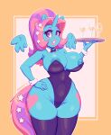 absurd_res alcohol anthro areola beehive_(hairstyle) beverage blue_body champagne champagne_glass clothing container cuffs_(clothing) cup cutie_mark dandy_(artist) drinking_glass equid equine eyeshadow fan_character female floating_wings glass glass_container glass_cup hair hand_on_hip hasbro hi_res horn legwear leotard lips makeup mammal multicolored_hair my_little_pony mythological_creature mythological_equine mythology nipple_piercing nipples piercing pink_eyes pink_eyeshadow pink_hair pink_lips platter solo stockings thick_lips thick_thighs two_tone_hair unusual_anatomy unusual_wings vanilla_spice_(dekomaru) wide_hips winged_unicorn wings