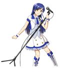  blue_hair boots brown_eyes cable cropped_jacket cross-laced_footwear idolmaster idolmaster_(classic) idolmaster_shiny_festa kisaragi_chihaya knee_boots long_hair microphone microphone_stand necktie open_mouth smile solo standing teru_(grafroller) wrist_cuffs 