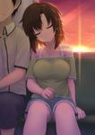  1girl bare_shoulders breasts brown_hair collarbone coupe50 denim denim_shorts drooling english hair_ornament hairclip large_breasts leaning_on_person maeda_kazuya masaki_nonoka photokano polka_dot short_hair short_shorts shorts sitting sky sleeping sleeping_upright sunset sweatdrop tank_top train_interior window 