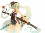  bare_shoulders blue_eyes breasts cameltoe dual_wielding duplicate flower ghost highres hitodama holding konpaku_youmu konpaku_youmu_(ghost) one-piece_swimsuit sakuya_tsuitachi school_swimsuit sheath sheathed short_hair silver_hair small_breasts solo swimsuit sword touhou weapon wet 