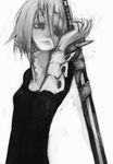  androgynous code-aa crona_(soul_eater) cuff_links frown gloves greyscale habit highres looking_away monochrome ragnarok_(demon_sword) short_hair sketch solo soul_eater sword weapon 