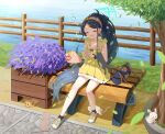  1girl ? absurdres animal aris_(blue_archive) bag bench black_cat black_hair black_socks black_wrist_cuffs blue_archive blush bow breasts cat closed_eyes collarbone commentary crepe dress dropping falling_leaves fence flower food food-themed_hair_ornament forehead full_body hair_flower hair_ornament hairband hairclip highres ice_cream ice_cream_crepe jumping karen_neco leaf long_hair long_sidelocks making-of_available official_alternate_hairstyle on_bench open_mouth orange_hairband outdoors park_bench parted_bangs pineapple_hair_ornament ponytail rabbit shade shoes sidelocks sitting sleeveless sleeveless_dress small_breasts socks solo sweat tree tree_shade unworn_bag very_long_hair wavy_mouth wooden_fence wrist_cuffs yellow_bow yellow_dress yellow_shoes 