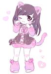  ;) akb48 animal_ears bad_id bad_pixiv_id bare_shoulders blush cat_ears dress full_body gogono_chako head_tilt heart leg_warmers looking_at_viewer one_eye_closed paw_pose paw_print pigeon-toed simple_background sleeveless smile solo standing tail watanabe_mayu white_background 