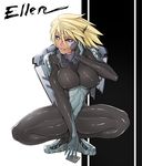  blonde_hair blue_eyes bodysuit breasts highres large_breasts nephlite original short_hair solo squatting thick_thighs thighs toned 