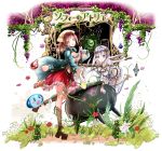  2girls :o atelier_(series) atelier_sophie blue_cape boots breasts brown_footwear brown_hair brown_ribbon cape cauldron cleavage copyright_name corset dia_(saotoko) eyebrows_visible_through_hair floating_hair frilled_skirt frills green_eyes hair_ornament highres holding leg_up long_hair looking_at_viewer medium_breasts medium_skirt multiple_girls plachta ponytail red_skirt ribbon silver_hair skirt sophie_neuenmuller thighhighs very_long_hair white_legwear wrist_ribbon yellow_eyes 