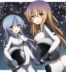  alternate_costume ass astronaut bad_id bad_pixiv_id blue_hair breasts creta_(taku10) gloves gradient_hair headwear_removed helmet helmet_removed hijiri_byakuren kamishirasawa_keine looking_at_viewer looking_back medium_breasts multicolored_hair multiple_girls open_mouth red_eyes space space_helmet taut_clothes touhou yellow_eyes 