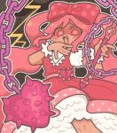  1girl blush bow dark-skinned_female dark_skin dress fang flail hair_bow highres holding_flail long_hair looking_at_viewer nikudango omori open_mouth pink_bow pink_dress pink_eyes pink_hair polka_dot polka_dot_bow puffy_short_sleeves puffy_sleeves short_sleeves smile solo sweetheart_(omori) twintails weapon 