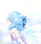  blue_hair bow cirno closed_eyes dress eyelashes gradient gradient_background hair_bow leaning_forward light_smile profile puffy_short_sleeves puffy_sleeves ribbon short_hair short_sleeves solo touhou tsukiori_sasa wings 