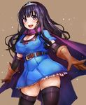  :d belt black_legwear blush breasts cape cleavage cleavage_cutout dragon_quest dragon_quest_iii gloves heroine_(dq3) highres long_hair medium_breasts open_mouth purple_eyes purple_hair scarf smile snow snowing solo taishi_(picchiridou) thighhighs tiara zettai_ryouiki 