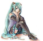  aqua_eyes aqua_hair boots detached_sleeves hatsune_miku long_hair sitting skirt solo thigh_boots thighhighs very_long_hair vocaloid yoshiki1020 