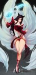  ahri animal_ears bare_shoulders black_hair breasts detached_sleeves dress duto facial_mark fire fox_ears fox_tail highres korean_clothes large_breasts league_of_legends long_hair multiple_tails short_dress smile solo tail whisker_markings yellow_eyes 