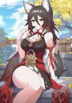  1girl absurdres animal_ear_fluff animal_ears bare_shoulders blush breasts brown_hair closed_mouth detached_sleeves dy_kai folded_fan folding_fan fox_ears fox_girl fox_tail ginkgo_leaf ginkgo_tree gradient_hair green_eyes hair_between_eyes hand_fan highres holding holding_fan honkai:_star_rail honkai_(series) large_breasts leaf long_hair multicolored_hair red_hair sitting smile solo tail thick_thighs thighs tingyun_(honkai:_star_rail) yellow_leaves 