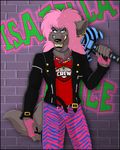  blue_eyes brown_fur canine claws clothing eyeshadow fangs female fur guitar hair isabella_price isabellaprice jewelry leather_jacket makeup mammal musician pink_hair rocker rockstar shirt smile teeth were werewolf wolf 