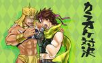  argyle argyle_background battle_tendency brown_hair dark_skin dark_skinned_male facial_mark headband jojo_no_kimyou_na_bouken joseph_joestar_(young) ki61 loincloth male_focus manly md5_mismatch microphone multiple_boys muscle music scarf singing tattoo turban wamuu 