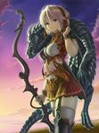  ahoge bangs bow_(weapon) cloud commentary dragon harness hat highres kanzeon looking_at_viewer midriff original outdoors pleated_skirt purple_eyes short_hair silver_hair skirt sky solo thighhighs weapon white_legwear 