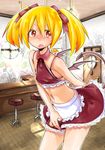  1boy apron bare_shoulders blonde_hair blush bow crossdressing demon_boy demon_tail demon_wings hair_bow kafusu7625 navel open_mouth original pointy_ears red_eyes skirt standing sweatdrop tail trap twintails waitress wings 