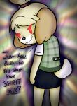 2018 animal_crossing anthro beady_eyes bell_hair_tie black_bottomwear black_clothing black_skirt blonde_hair blush blush_lines bottomwear button_(fastener) canid canine canis closed_smile clothed clothed_anthro clothed_female clothing colored cookieboy011 digital_drawing_(artwork) digital_media_(artwork) dipstick_tail domestic_dog english_description english_text evil_grin facial_markings female female_anthro floppy_ears fluffy fluffy_tail fully_clothed fully_clothed_anthro fully_clothed_female fur furrowed_brow green_clothing green_topwear green_vest hair head_markings isabelle_(animal_crossing) light lighting looking_at_viewer looking_back looking_back_at_viewer lop_ears mammal markings mouth_closed multicolored_body multicolored_fur multicolored_hair nintendo orange_ears orange_hair pattern_clothing pattern_topwear pattern_vest plaid plaid_clothing plaid_topwear plaid_vest ponytail portrait red_eyes red_hair_tie shaded shih_tzu shirt skirt smile smiling_at_viewer solo standing tail tail_markings text three-quarter_portrait topwear toy_dog two_tone_body two_tone_fur two_tone_hair two_tone_tail vest white_clothing white_markings white_shirt white_tail_tip white_topwear yellow_body yellow_fur yellow_tail