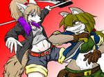  &#19998;&#28165; 2_girls ?? breasts canine female fight gloves green_eyes grey_eyes knife mammal midriff navel ponytail sickle weapon wolf 