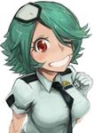  badge between_breasts blush breasts code-aa eyelashes eyepatch gloves green_hair hair_over_one_eye highres necktie otonashi_kiruko police police_uniform policewoman red_eyes shinmai_fukei_kiruko-san short_hair simple_background smile solo teeth uniform white_background white_gloves 