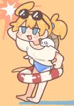  1girl :3 ahoge alternate_costume barefoot blonde_hair blue_eyes blue_one-piece_swimsuit blush chibi chibi_only collarbone eyewear_on_head full_body highres holding holding_swim_ring looking_at_viewer nikudango nuko_(shoujo_shuumatsu_ryokou) one-piece_swimsuit open_mouth ponytail round_eyewear short_hair short_ponytail shoujo_shuumatsu_ryokou smile solo striped_innertube sunglasses swim_ring swimsuit yuuri_(shoujo_shuumatsu_ryokou) 