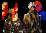  2boys absurdres animal_print black_background black_jacket blindfold blue_circle circle eye_trail facial_mark gojou_satoru hair_pulled_back high_collar highres hood hoodie itadori_yuuji jacket jujutsu_kaisen jujutsu_tech_uniform light_trail long_sleeves looking_at_viewer male_focus multiple_boys nitrovu red_circle scar scar_on_face short_hair spiked_hair teacher_and_student tiger_print undercut white_hair 