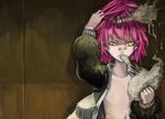  bandaid bandaid_on_nose coat code-aa copyright_request fluff highres mouth_hold nipples open_clothes open_shirt pink_hair shirt short_hair solo stitches stuffing teeth yellow_eyes 