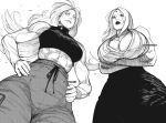  2girls abs alternate_muscle_size arms_under_breasts artist_name biceps breasts cleavage crossed_arms deontayart facial_mark forehead_mark hands_on_own_hips hashtag-only_commentary high-waist_pants highres huge_breasts japanese_clothes jujutsu_kaisen lips long_hair mature_female monochrome multiple_girls muscular muscular_female naruto_(classic) naruto_(series) pants standing tsukumo_yuki tsunade_(naruto) 