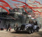  6+boys battleship black_hair boat bollard cannon car child dated dock flag grey_hair ground_vehicle gun hair_ribbon hat hjl military military_vehicle motor_vehicle multiple_boys multiple_girls navy pixiv_fantasia pixiv_fantasia_new_world red_hair ribbon ship warship watercraft weapon 