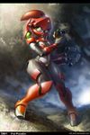  breasts closed_legs cyborg detailed female glowing gray_body green_eyes grey_body grey_skin gun hi_res jsa-arts mechanical_arm not_furry open_mouth pistol pizza_cats pose proxy_(character) ranged_weapon shiny sky solo standing thick_thighs weapon wide_hips 