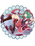  boots bow circle cross-laced_footwear doily dress falling flower front_ponytail full_body green_eyes green_hair kagiyama_hina misyagu red_dress solo touhou 