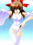  bow breasts brown_hair detached_sleeves engo_(aquawatery) hair_bow hair_tubes hakurei_reimu medium_breasts one-piece_swimsuit open_mouth ribbon running school_swimsuit solo swimsuit thighhighs touhou white_legwear 