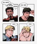  2boys arc_reactor armor avengers_(series) black_hair black_shirt blonde_hair blue_bodysuit blue_eyes bodysuit border captain_america covered_collarbone english_text facial_hair fangs full_armor gloves hand_on_own_head hand_up helmet highres holding holding_unworn_helmet iron_man looking_at_viewer male_focus marvel multiple_boys multiple_views necktie open_clothes open_shirt power_armor red_armor red_gloves shield shield_on_back shirt short_hair simple_background smile speech_bubble star_(symbol) star_print steve_rogers superhero_costume teeth tony_stark unworn_headwear unworn_helmet upper_body weibo_7899261198 white_background white_border white_shirt 