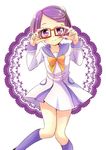  aichi_shiho bad_id bad_pixiv_id blue_sailor_collar dokidoki!_precure glasses hair_ornament hairpin kenzaki_makoto knees_together_feet_apart looking_at_viewer oogai_daiichi_middle_school_uniform precure purple_eyes purple_hair purple_legwear ribbon sailor_collar school_uniform serafuku shoes short_hair smile socks solo 