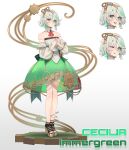  1girl ;p absurdres ascot cecilia_immergreen cecilia_immergreen_(1st_costume) character_name corset detached_collar detached_sleeves doll_joints full_body gradient_hair green_corset green_eyes green_hair green_skirt grey_hair high_heels highres hololive hololive_english joints juditidelos multicolored_hair multiple_views musical_note musical_note_print musical_staff musical_staff_print one_eye_closed own_hands_together red_ascot romper skirt tongue tongue_out virtual_youtuber white_romper winding_key 