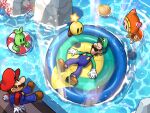  1girl 3boys :d arm_support beanish_(mario) black_eyes blue_overalls blue_pants brothers brown_hair brown_shoes cloak closed_eyes coconut coral day facial_hair gloves green_shirt hat highres hood hood_up hooded_cloak innertube long_sleeves looking_at_another luigi lying mario mario_&amp;_luigi:_dream_team mario_&amp;_luigi_rpg mario_(series) masanori_sato_(style) multiple_boys mustache on_back open_mouth orange_cloak outdoors overalls pants prince_dreambert red_hat red_shirt rock shirt shoes short_hair siblings sitting smile solid_oval_eyes star_(symbol) starlow striped_innertube swim_ring water white_gloves yamari_(ya_mari_6363) zipper_pull_tab 