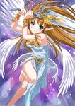  angel_wings armlet bare_legs barefoot brooch brown_hair chaki-yam character_request dress full_body green_eyes jewelry long_hair pointy_ears purple_background romancing_saga saga smile solo sword weapon white_dress wings 