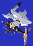  1girl absurdres big_chunger black_hair blue_background blue_eyes earrings fingernails highres jewelry jujutsu_kaisen looking_at_viewer medium_hair midair okkotsu_yuka sharp_fingernails simple_background solo 