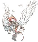  1girl ahoge angel_wings black_boots boots drill_hair falling_feathers feathers full_body grey_jacket hair_between_eyes hato_no_mune_wo_momitai highres jacket kasane_teto kasane_teto_(sv) long_sleeves looking_up open_mouth pleated_skirt red_eyes red_hair simple_background skirt solo synthesizer_v twin_drills utau white_background white_feathers white_wings wings 