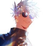  1boy blue_eyes eyelashes from_below glasses gojou_satoru grin high_collar highres jujutsu_kaisen jujutsu_tech_uniform long_eyelashes looking_at_viewer male_focus noma_s91t round_eyewear short_hair simple_background smile solo twitter_username white_background white_hair 