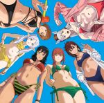  6+girls alternate_costume anya_(mouthwashing) arms_behind_back ayase_momo bare_arms bare_shoulders bikini black_bikini black_hair blue_bikini blunt_bangs breasts brown_eyes brown_hair chainsaw_man clenched_hand closed_mouth crossed_bangs dandadan double-parted_bangs frieren frilled_bikini frills from_below gold_ship_(umamusume) green_bikini green_eyes hair_between_eyes hand_on_own_hip highres holding holding_mallet jacket jujutsu_kaisen kugisaki_nobara large_breasts long_braid long_hair looking_at_viewer makima_(chainsaw_man) mallet mismatched_bikini mouthwashing multiple_girls muscular muscular_female navel open_clothes open_mouth open_shirt parted_lips pink_jacket purple_eyes red_bikini red_hair shiren_(ourboy83) shirt short_hair sidelocks smile sousou_no_frieren stomach striped_bikini striped_clothes swimsuit twintails umamusume v white_bikini white_hair white_shirt yellow_bikini yellow_eyes 