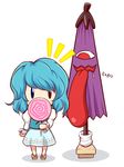  1girl blue_eyes candy chibi food geta heterochromia karakasa_obake lollipop looking_at_viewer mazume purple_umbrella red_eyes shadow simple_background solo tatara_kogasa tatara_kogasa_(umbrella) tongue touhou translated umbrella 