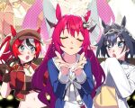  3girls agnes_tachyon_(tach-nology)_(umamusume) agnes_tachyon_(umamusume) agnes_tachyon_(umamusume)_(cosplay) alternate_hairstyle animal_ears black_collar black_hair bloom_(irys) blowing_kiss blue_eyes blue_hair blue_jacket bow bow_earrings brown_gloves chain chain_headband character_hair_ornament closed_eyes coat collar commentary cosplay crop_top cropped_jacket dasdokter double-parted_bangs dress earrings english_commentary facing_viewer fingerless_gloves gloom_(irys) gloves grass_wonder_(stone-piercing_blue)_(umamusume) grass_wonder_(umamusume) grass_wonder_(umamusume)_(cosplay) hair_between_eyes hair_intakes hair_ornament hakos_baelz highres hololive hololive_english horns horse_ears horse_girl irys_(hololive) jacket jewelry lab_coat long_sleeves looking_at_another midriff multicolored_hair multiple_girls navel open_mouth ouro_kronii pointy_ears ponytail purple_hair red_hair red_jacket sailor_collar short-sleeved_jacket short_hair short_sleeves single_earring sleeve_cuffs sleeves_past_fingers sleeves_past_wrists spiked_collar spikes streaked_hair sweater tokai_teio_(beyond_the_horizon)_(umamusume) tokai_teio_(umamusume) tokai_teio_(umamusume)_(cosplay) umamusume virtual_youtuber white_coat white_dress white_hair white_sailor_collar yellow_sweater 