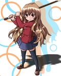  aisaka_taiga bad_id bad_pixiv_id bokken brown_eyes brown_hair highres kuro-hero long_hair school_uniform sword thighhighs toradora! weapon wooden_sword 