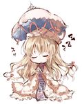  blonde_hair chibi closed_eyes dress hair_ribbon hat hat_ribbon kotatu_(akaki01aoki00) long_hair parasol ribbon sitting sleeping sleeping_upright smile solo tabard touhou tress_ribbon umbrella very_long_hair white_dress yakumo_yukari zzz 